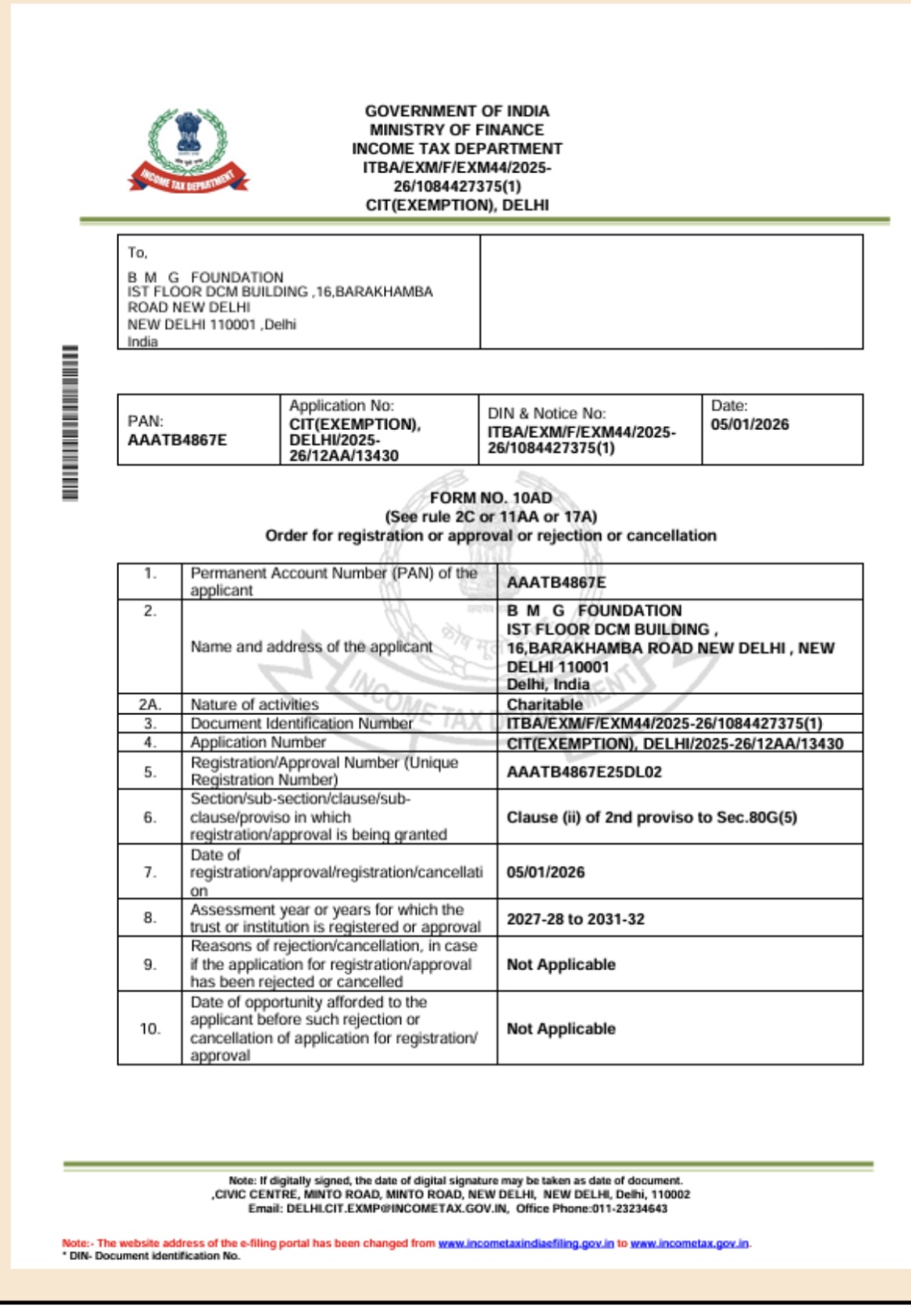 80G Registration Certificate — Page 1